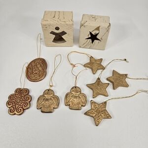Ten Thousand Villages Set Of 8 Metallic Gold Ceramic Mixed Ornaments Stars Angel